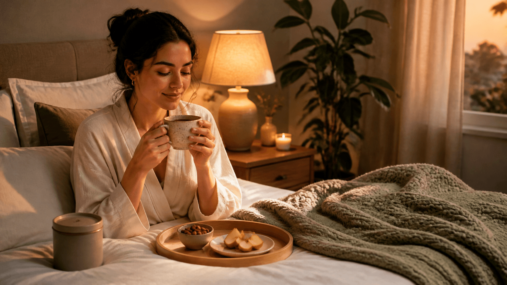 Warm bedside scene with herbal tea, crackers, and a glowing lamp on a wooden nightstand.