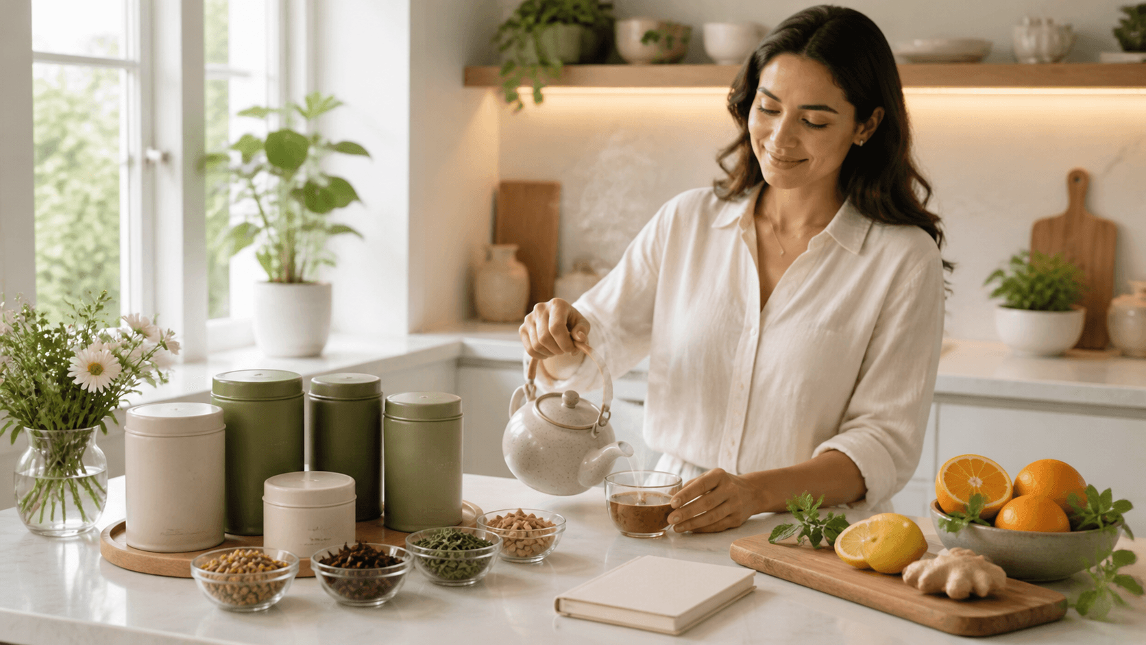 Herbal tea gift set with colorful tea boxes, loose leaves, and a steaming cup on a warm wooden table.