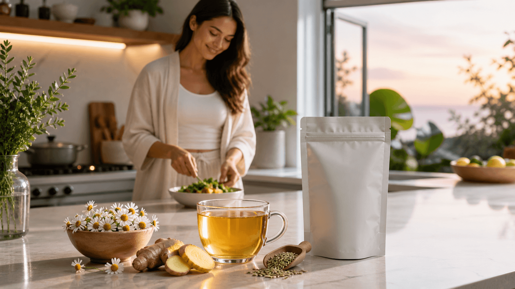 Warm chamomile tea in a clear glass cup beside fresh flowers and loose herbs on a softly lit table.