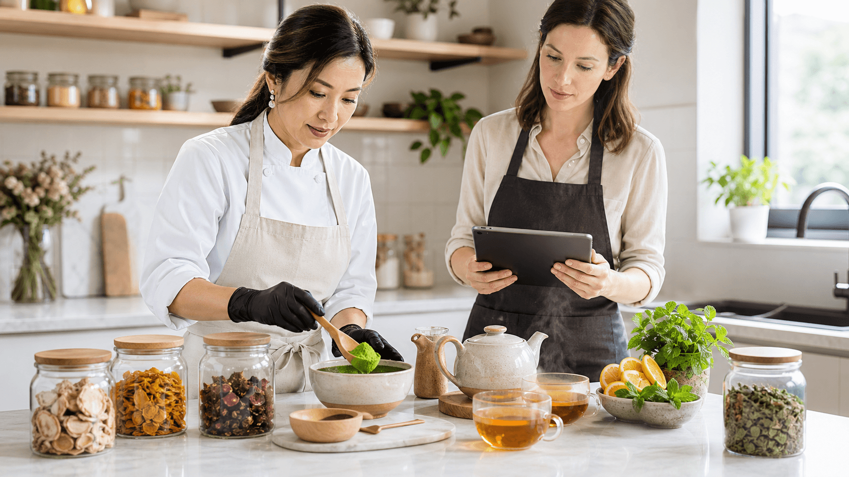 Glass teapot pouring amber tea into a cup beside loose herbs and green leaves on a sunlit wooden table