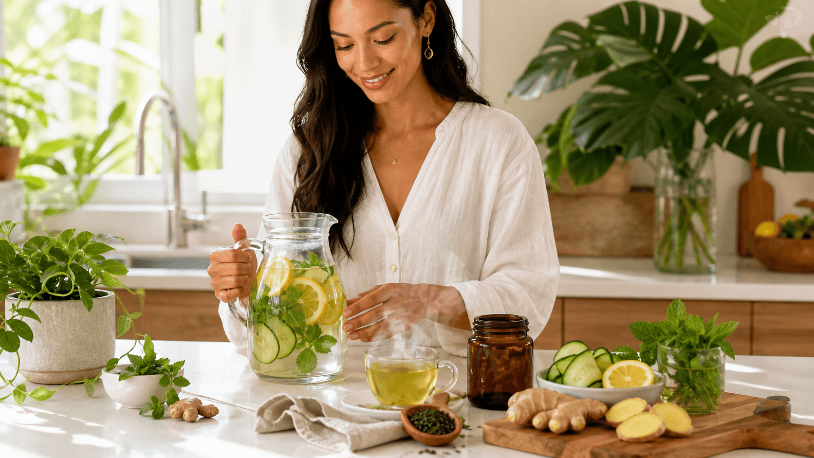 Glass teapot with lemon, ginger, and mint beside a steaming cup on a bright wooden table.