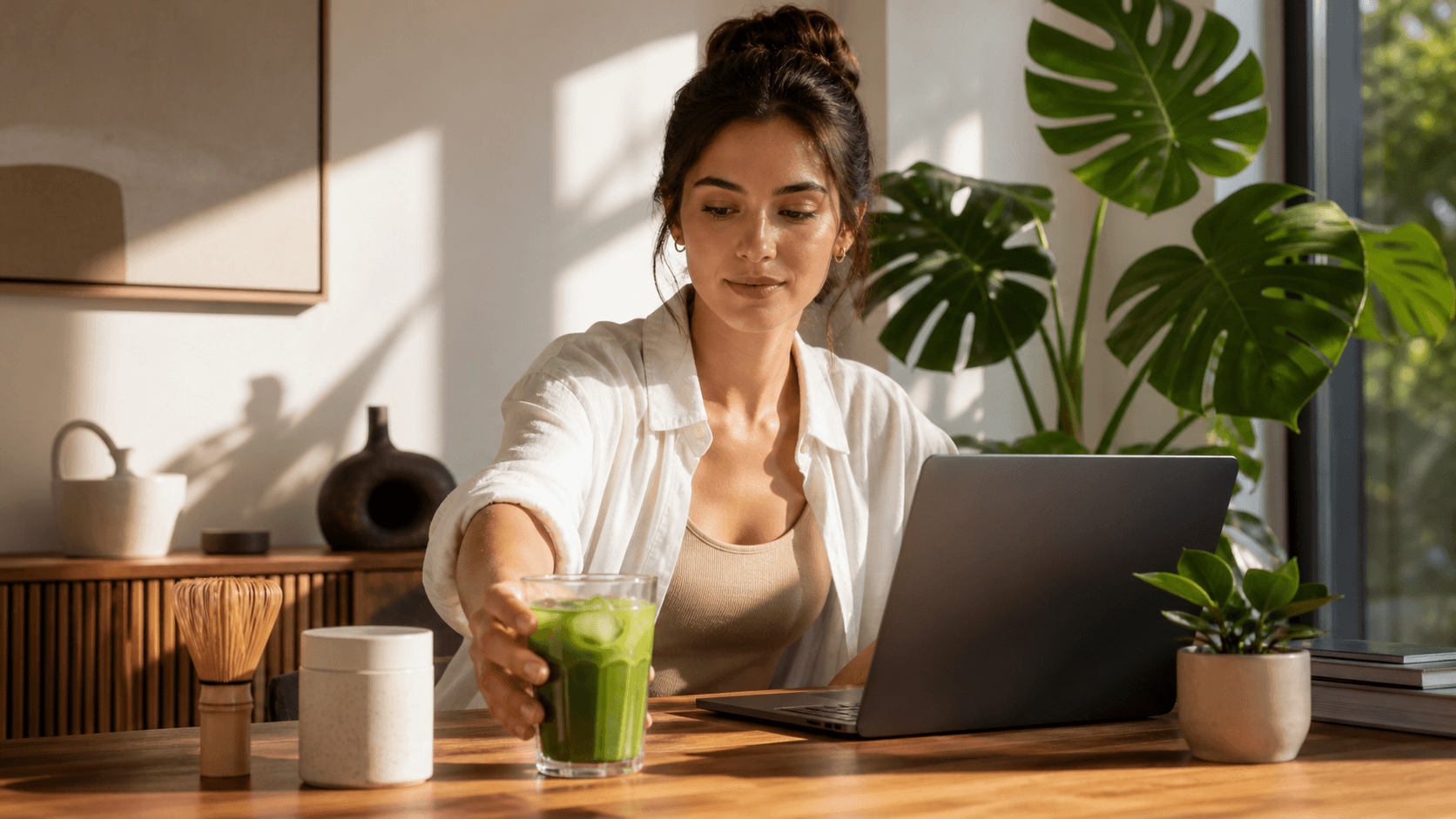 Steaming amber tea in a clear glass mug beside a laptop on a sunlit wooden desk.