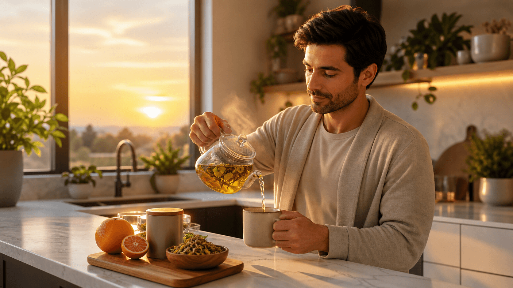 Warm-lit cup of herbal tea on a bedside table beside a teapot and dried herbs, with a soft evening backdrop