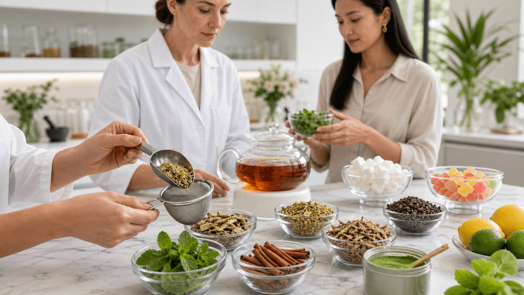 Wooden table with loose herbs, tea leaves, a steaming cup, and labeled jars in soft natural light.
