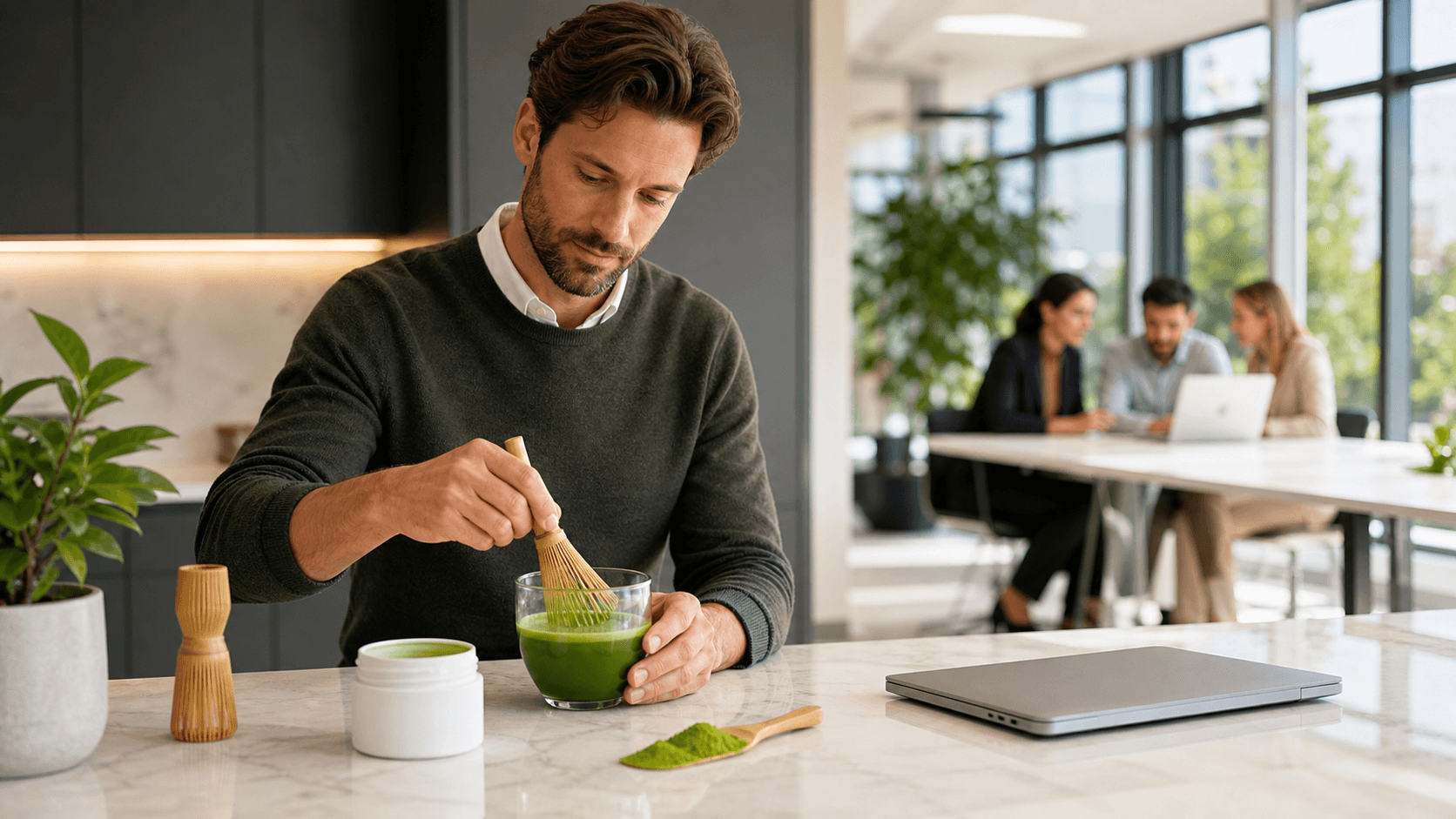 Ceremonial matcha in a white bowl beside a bamboo whisk on a sunlit wooden table with vivid green powder.