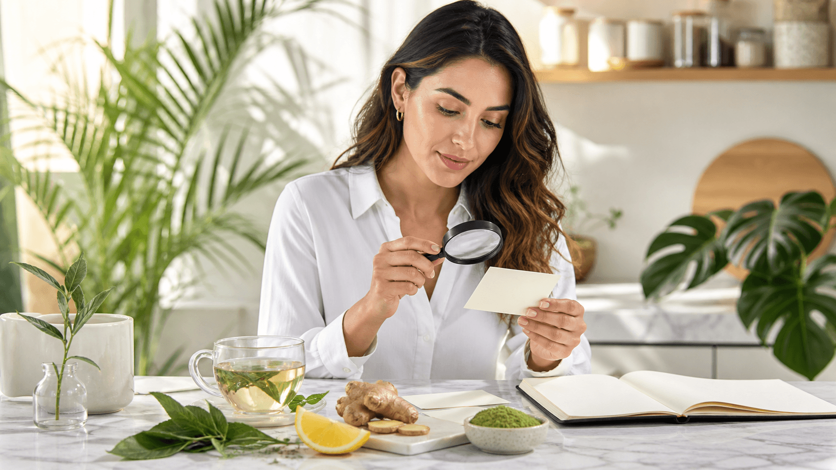 Steaming herbal tea in a clear glass cup beside lemon slices and green leaves on a pale background