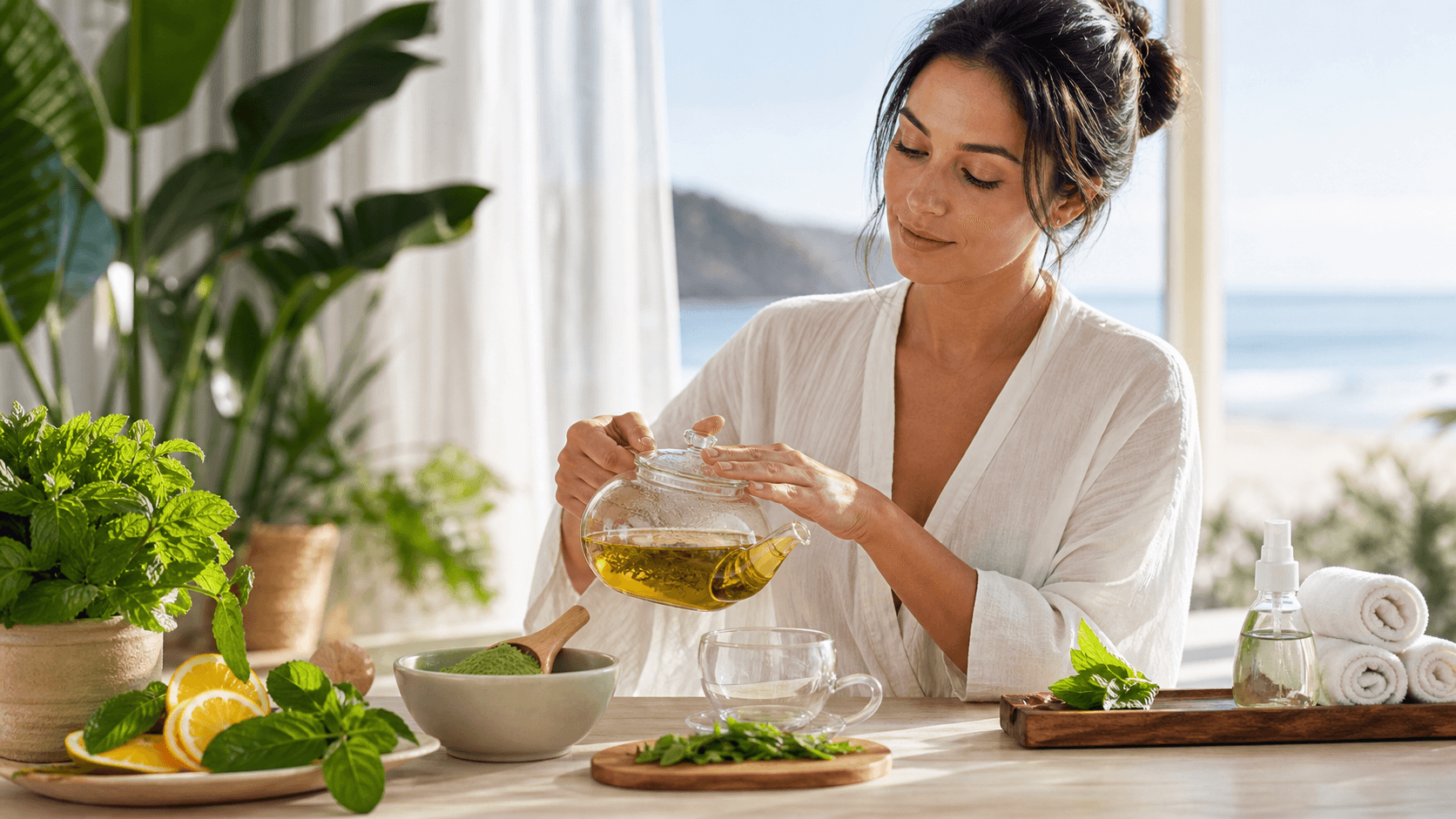 Sunlit cup of herbal tea with fresh mint and chamomile on a wooden table, soft summer glow and greenery blurred behind